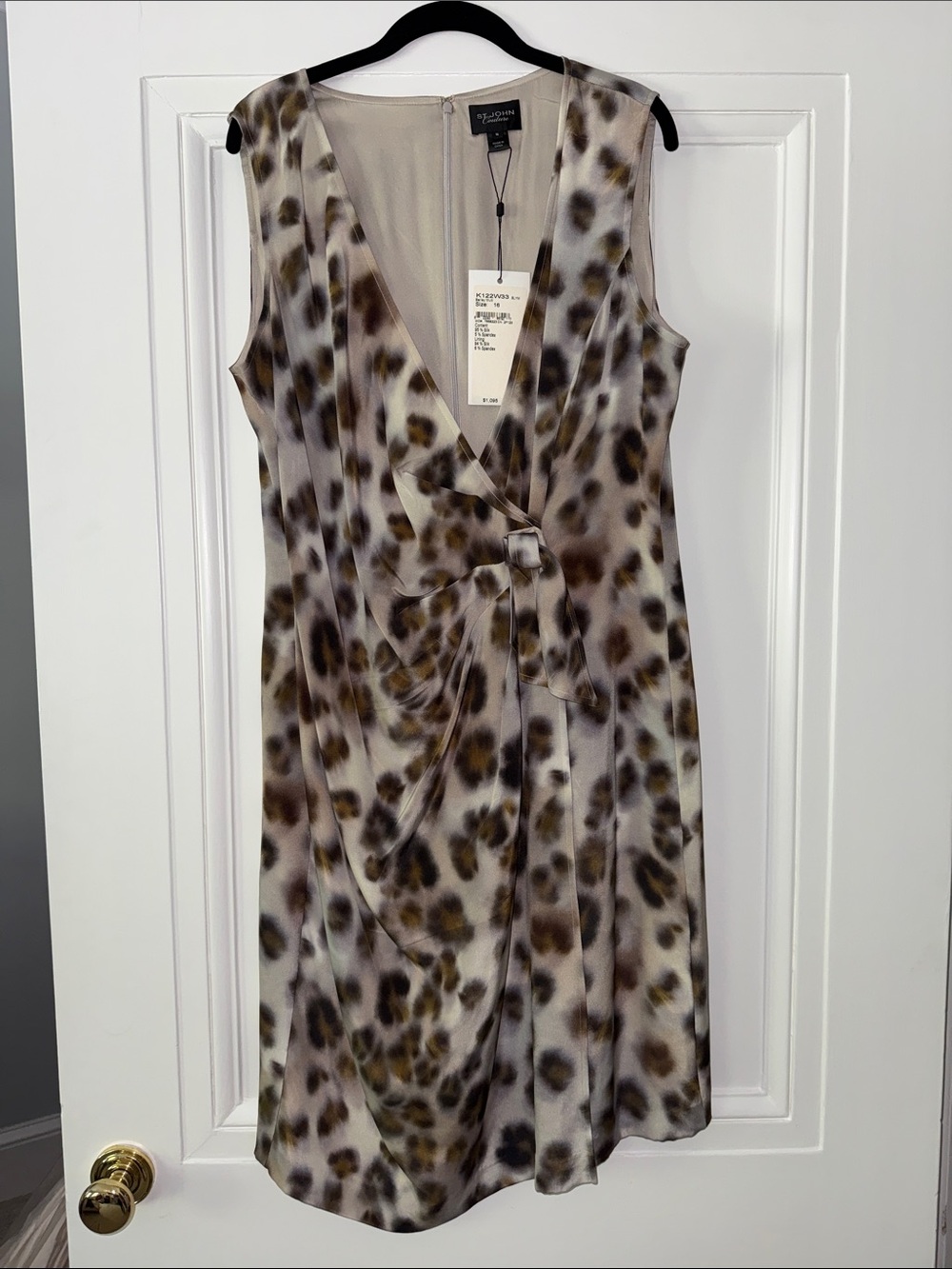 St. John Taupe and Brown Leopard Print Wrap Midi Dress